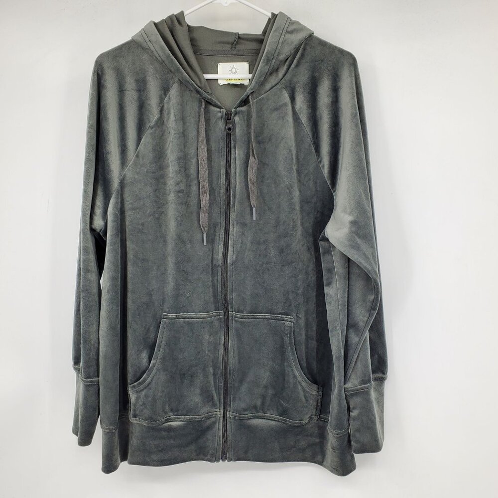 Offline by Aerie Women's Grey Velvet Velour Zip Up Hooded Long Sleeve Jacket Sma